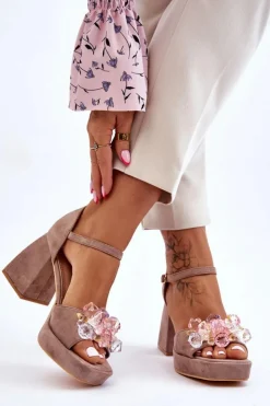 Damskie Boto Modne Sandały Z Kryształami Na Masywnym Obcasie Ciemnobeżowe Garrett