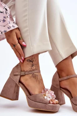 Damskie Boto Modne Sandały Z Kryształami Na Masywnym Obcasie Ciemnobeżowe Garrett