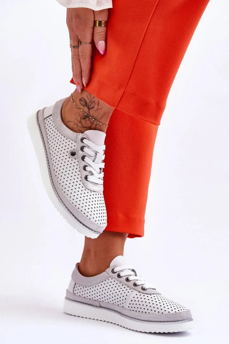 Damskie buty S.Barski Buty Sportowe Na Platformie|Sneakersy Damskie*Modne Skórzane Ażurowe Buty Sportowe Biało-Srebrne Cantare