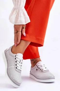 Damskie buty S.Barski Buty Sportowe Na Platformie|Sneakersy Damskie*Modne Skórzane Ażurowe Buty Sportowe Biało-Srebrne Cantare