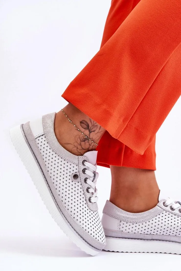Damskie buty S.Barski Buty Sportowe Na Platformie|Sneakersy Damskie*Modne Skórzane Ażurowe Buty Sportowe Biało-Srebrne Cantare