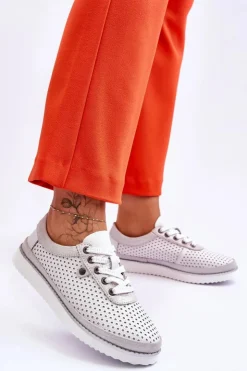 Damskie buty S.Barski Buty Sportowe Na Platformie|Sneakersy Damskie*Modne Skórzane Ażurowe Buty Sportowe Biało-Srebrne Cantare