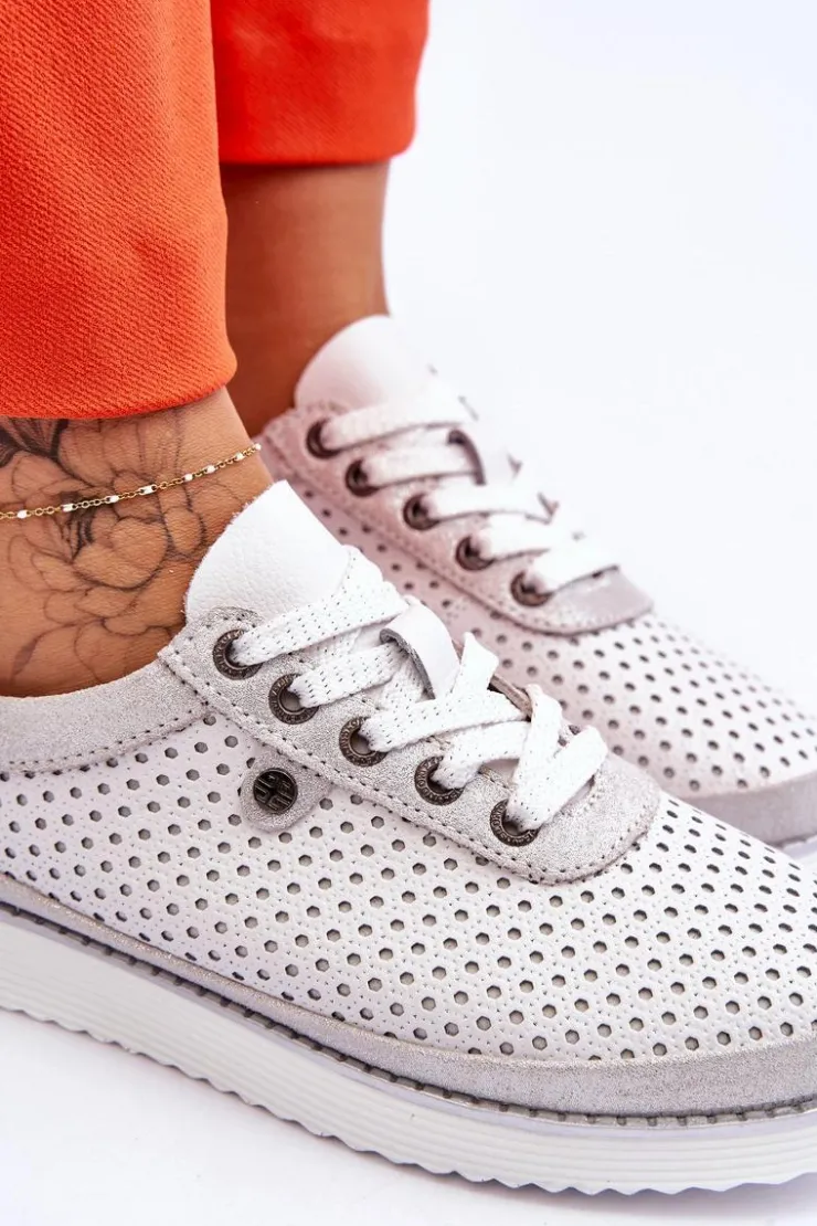 Damskie buty S.Barski Buty Sportowe Na Platformie|Sneakersy Damskie*Modne Skórzane Ażurowe Buty Sportowe Biało-Srebrne Cantare