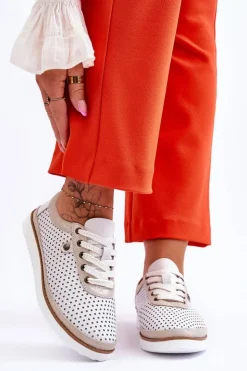 Damskie Damskie buty S.Barski Modne Skórzane Ażurowe Buty Sportowe Biało-Złote Cantare