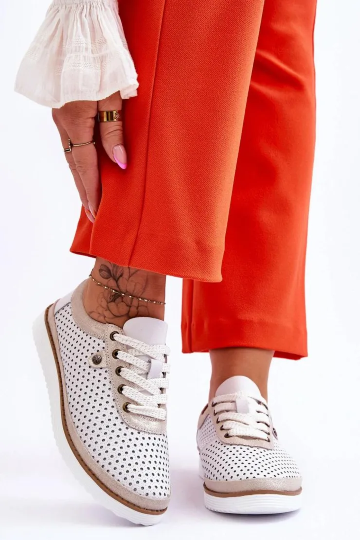 Damskie Damskie buty S.Barski Modne Skórzane Ażurowe Buty Sportowe Biało-Złote Cantare