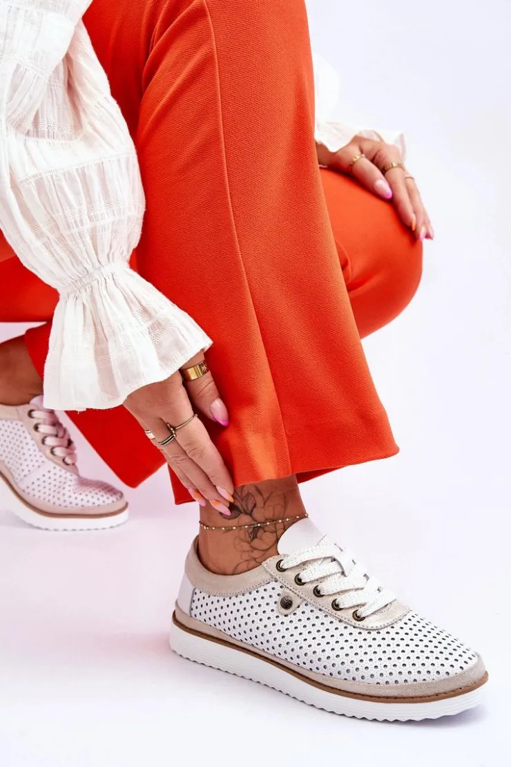 Damskie Damskie buty S.Barski Modne Skórzane Ażurowe Buty Sportowe Biało-Złote Cantare