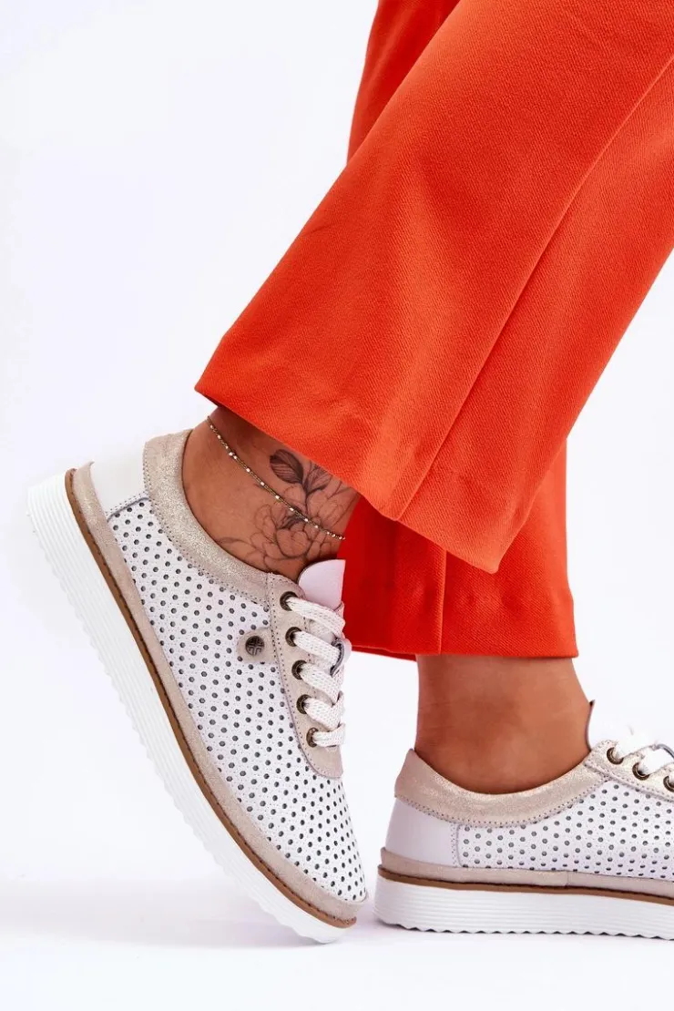 Damskie Damskie buty S.Barski Modne Skórzane Ażurowe Buty Sportowe Biało-Złote Cantare