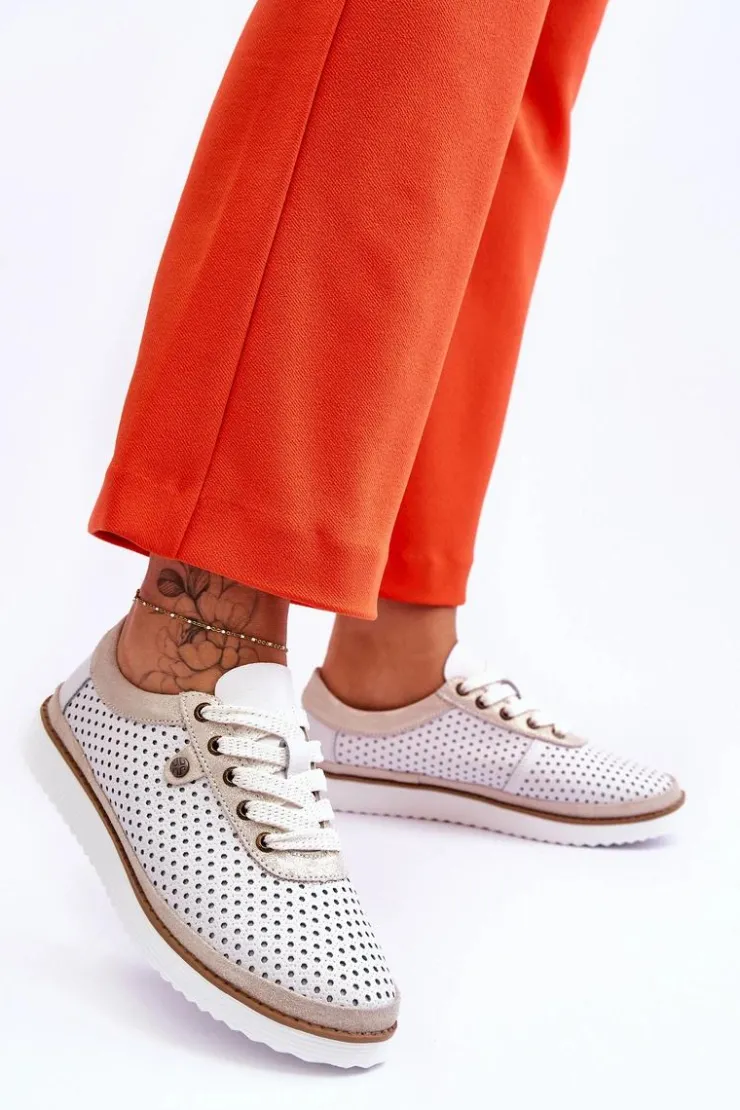 Damskie Damskie buty S.Barski Modne Skórzane Ażurowe Buty Sportowe Biało-Złote Cantare