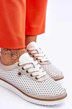 Damskie Damskie buty S.Barski Modne Skórzane Ażurowe Buty Sportowe Biało-Złote Cantare