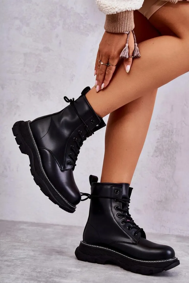 Best Boto Modne Skórzane Botki Glany Czarne Casso