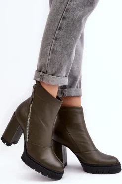 Damskie Laura Messi Modne Skórzane Botki Na Obcasie 2509 Ciemnozielone