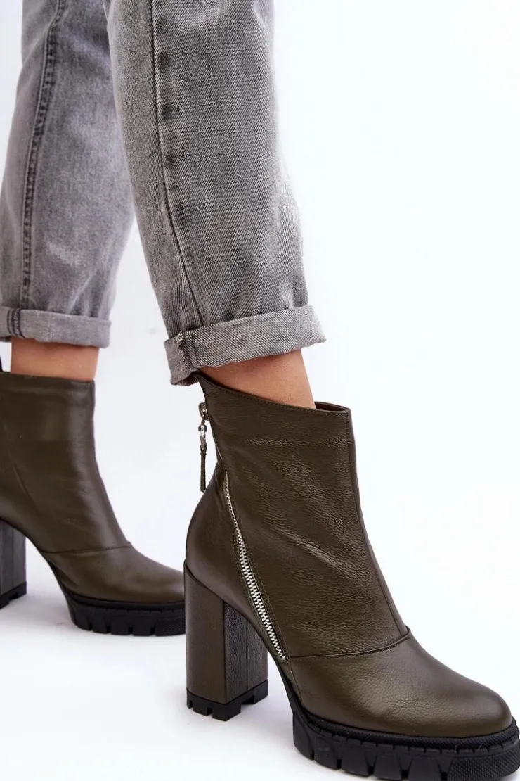 Damskie Laura Messi Modne Skórzane Botki Na Obcasie 2509 Ciemnozielone