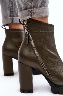 Damskie Laura Messi Modne Skórzane Botki Na Obcasie 2509 Ciemnozielone