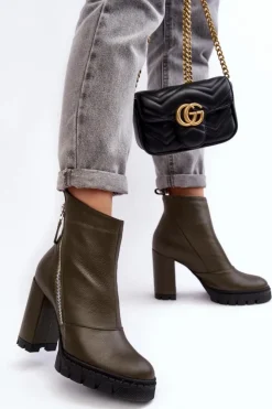 Damskie Laura Messi Modne Skórzane Botki Na Obcasie 2509 Ciemnozielone