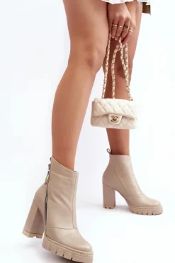 Laura Messi Botki Na Słupku|Botki Zimowe Damskie*Modne Skórzane Botki Na Obcasie 2509 Jasnobeżowe