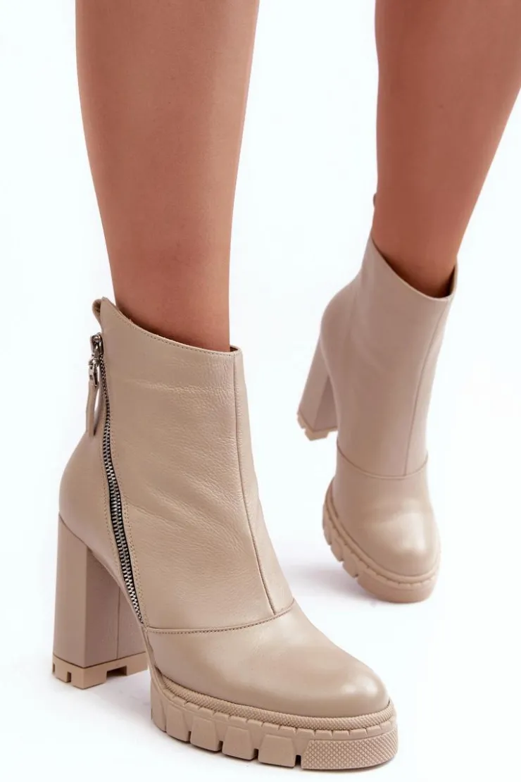 Laura Messi Botki Na Słupku|Botki Zimowe Damskie*Modne Skórzane Botki Na Obcasie 2509 Jasnobeżowe