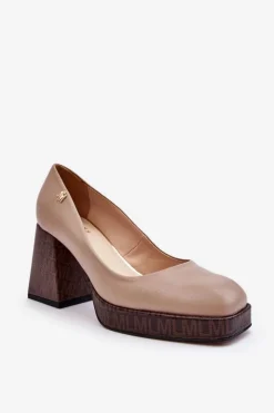 Damskie Laura Messi Modne Skórzane Czółenka 2599 Beżowe