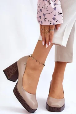 Damskie Laura Messi Modne Skórzane Czółenka 2599 Beżowe