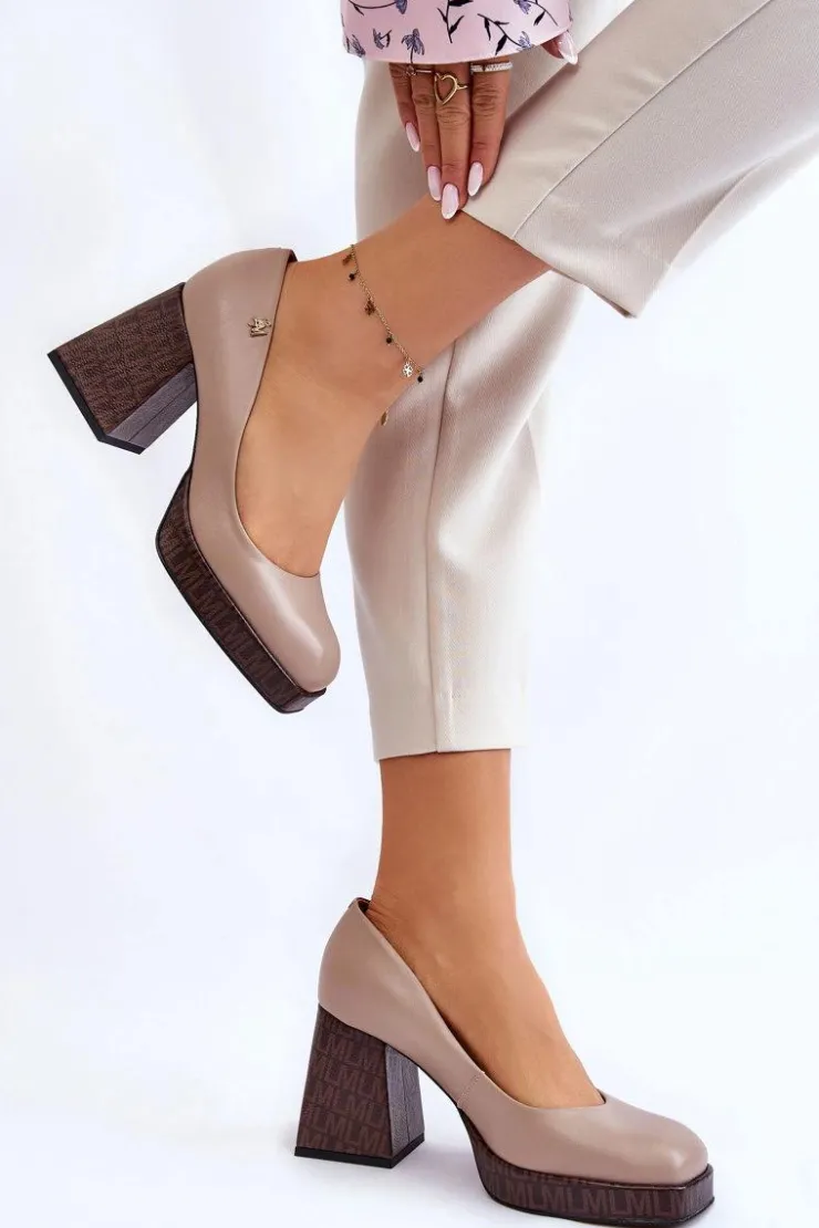 Damskie Laura Messi Modne Skórzane Czółenka 2599 Beżowe