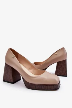 Damskie Laura Messi Modne Skórzane Czółenka 2599 Beżowe