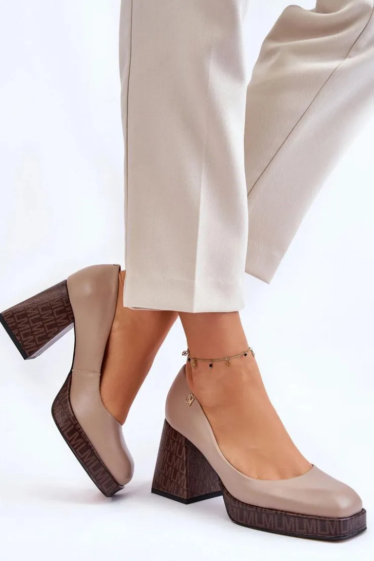 Damskie Laura Messi Modne Skórzane Czółenka 2599 Beżowe