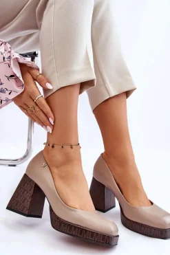 Damskie Laura Messi Modne Skórzane Czółenka 2599 Beżowe