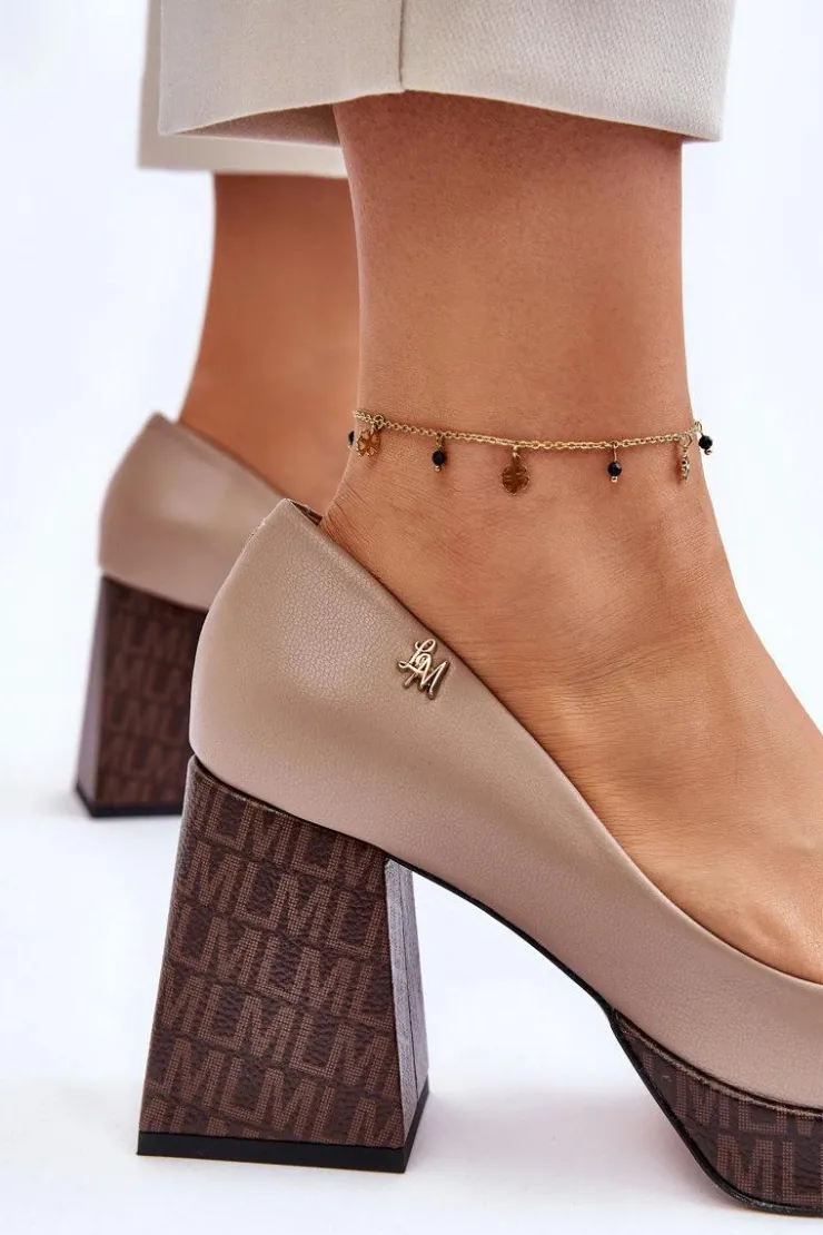 Damskie Laura Messi Modne Skórzane Czółenka 2599 Beżowe