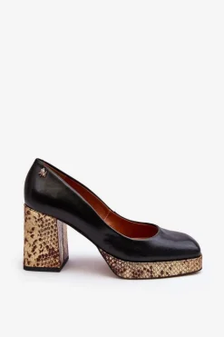 Laura Messi Czółenka Na Platformie|Czółenka Na Słupku*Modne Skórzane Czółenka 2599 Czarne Czarny