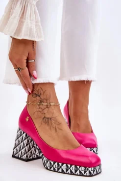 Outlet Laura Messi Modne Skórzane Czółenka 2599 Fuksja