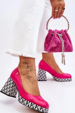 Outlet Laura Messi Modne Skórzane Czółenka 2599 Fuksja