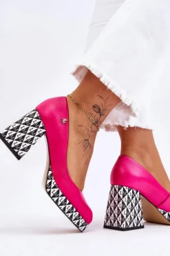 Outlet Laura Messi Modne Skórzane Czółenka 2599 Fuksja