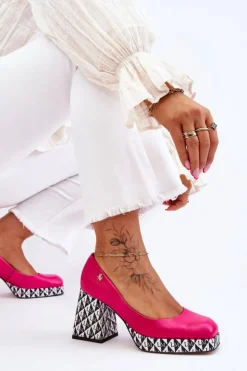 Outlet Laura Messi Modne Skórzane Czółenka 2599 Fuksja