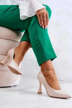 Damskie Boto Modne Skórzane Czółenka Lewski Shoes 3181 Beżowe