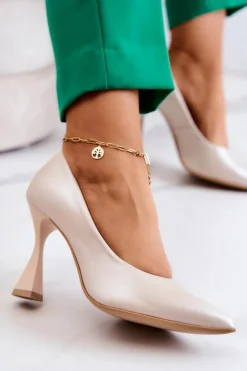 Damskie Boto Modne Skórzane Czółenka Lewski Shoes 3181 Beżowe