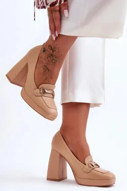 Hot Boto Modne Skórzane Czółenka Nude Rouse Beżowy