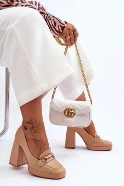 Hot Boto Modne Skórzane Czółenka Nude Rouse Beżowy