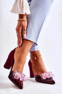 Boto Czółenka Klasyczne*Modne Skórzane Czółenka Z Ozdobami Bordowe Louna