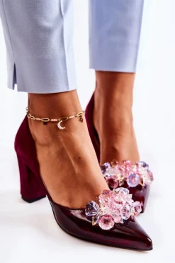 Boto Czółenka Klasyczne*Modne Skórzane Czółenka Z Ozdobami Bordowe Louna