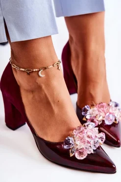 Boto Czółenka Klasyczne*Modne Skórzane Czółenka Z Ozdobami Bordowe Louna