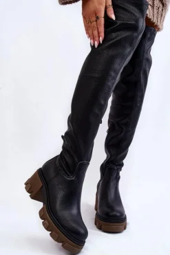 Hot Boto Modne Skórzane Damskie Kozaki Za Kolano Czarne Lemar Venise