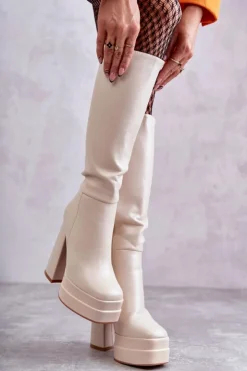 Damskie Boto Modne Skórzane Kozaki Na Masywnym Obcasie Beżowe Meggie