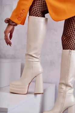 Damskie Boto Modne Skórzane Kozaki Na Masywnym Obcasie Beżowe Meggie