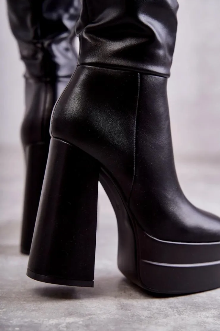 Boto Kozaki Wiosenne|Kozaki Przed Kolano*Modne Skórzane Kozaki Na Masywnym Obcasie Czarne Meggie