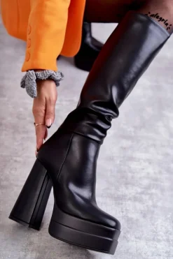 Boto Kozaki Wiosenne|Kozaki Przed Kolano*Modne Skórzane Kozaki Na Masywnym Obcasie Czarne Meggie