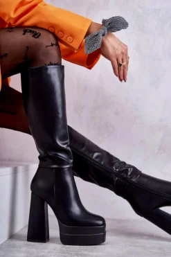 Boto Kozaki Wiosenne|Kozaki Przed Kolano*Modne Skórzane Kozaki Na Masywnym Obcasie Czarne Meggie