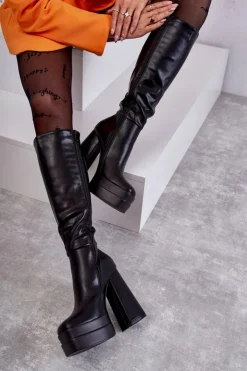 Boto Kozaki Wiosenne|Kozaki Przed Kolano*Modne Skórzane Kozaki Na Masywnym Obcasie Czarne Meggie