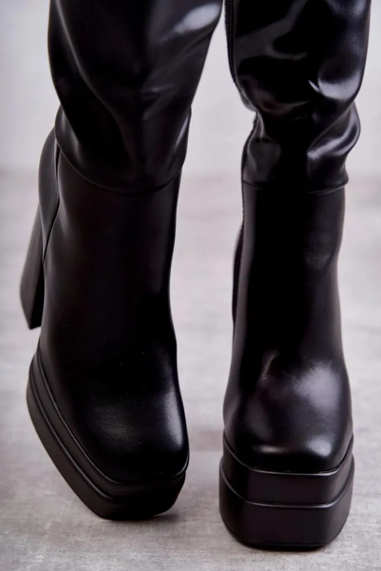 Boto Kozaki Wiosenne|Kozaki Przed Kolano*Modne Skórzane Kozaki Na Masywnym Obcasie Czarne Meggie