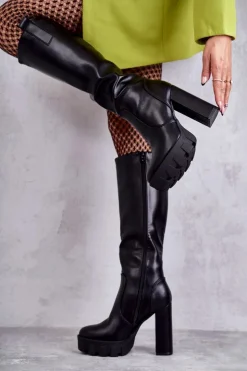 Discount Boto Modne Skórzane Kozaki Na Platformie Czarne Isabell