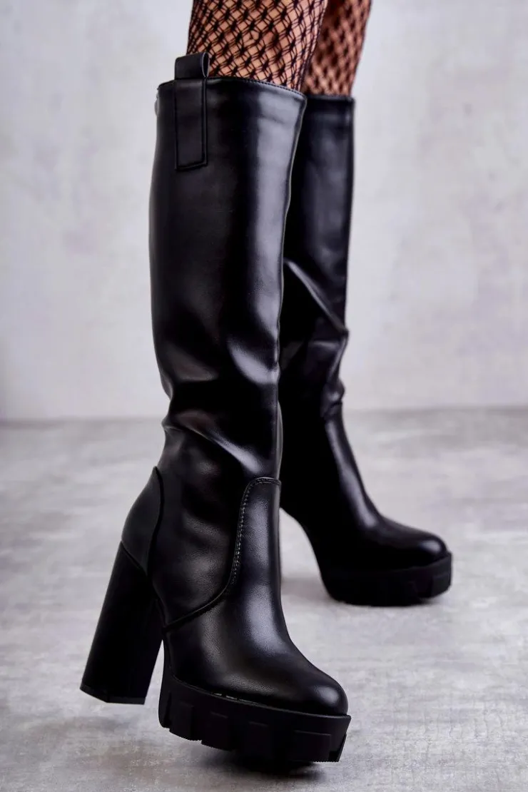 Discount Boto Modne Skórzane Kozaki Na Platformie Czarne Isabell