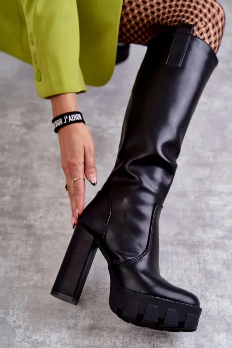 Discount Boto Modne Skórzane Kozaki Na Platformie Czarne Isabell